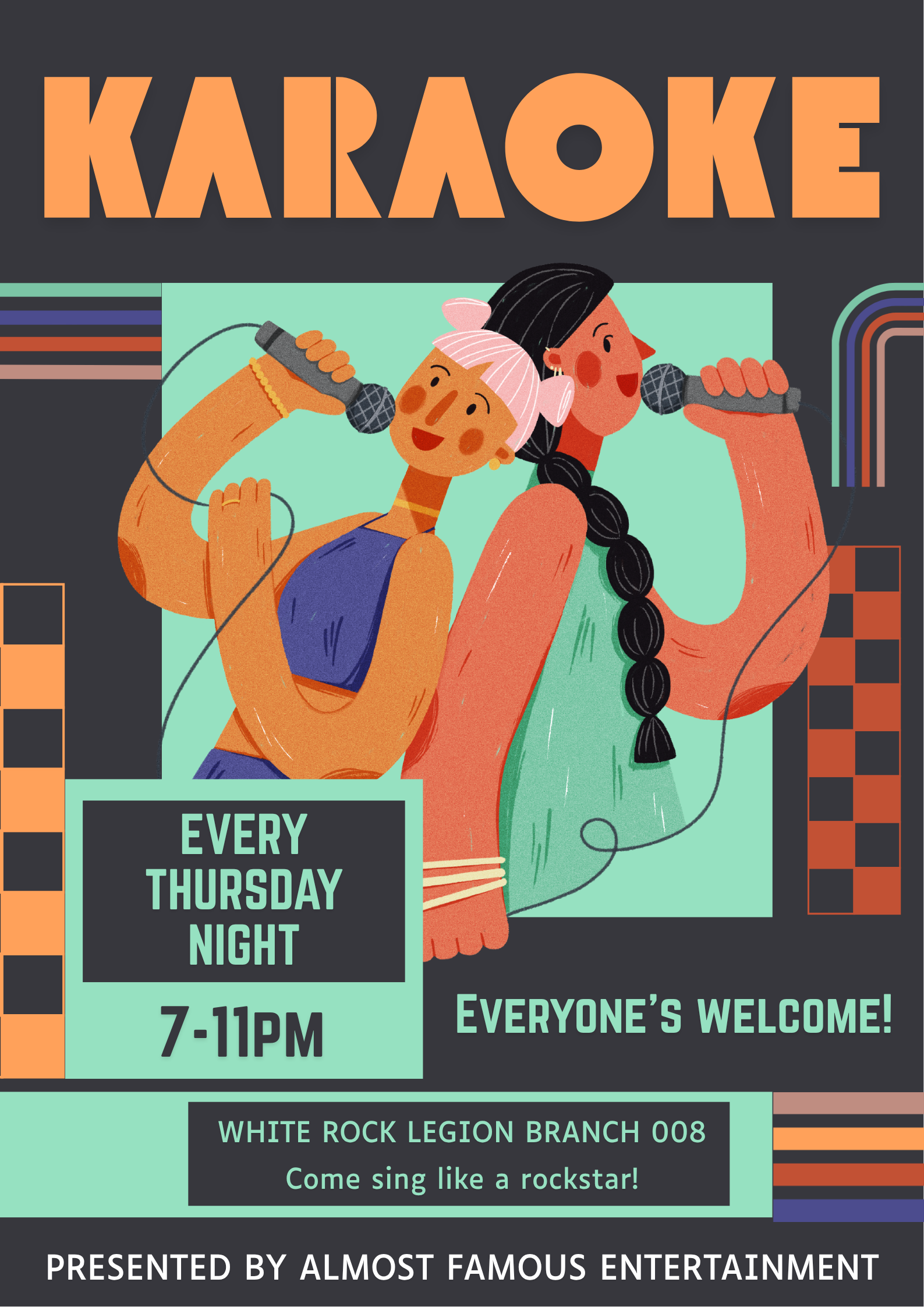 WR Legion Karaoke Poster For Legion To Print – Almost Famous Entertainment Inc. Poster for a karaoke night featuring two people singing into microphones against a dark background.